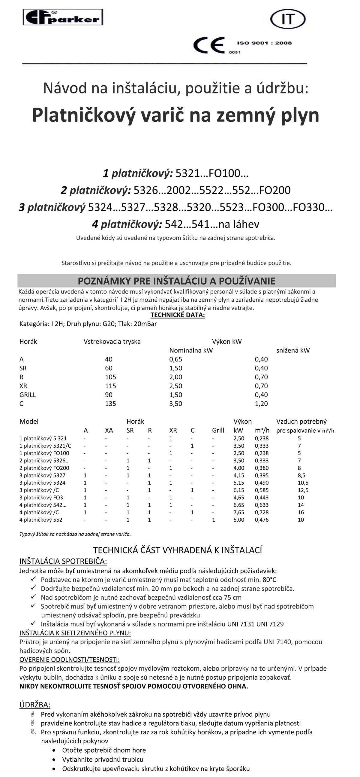 Návod na jednoplatničkové a viacplatničkové variče (zemný plyn)FOKER