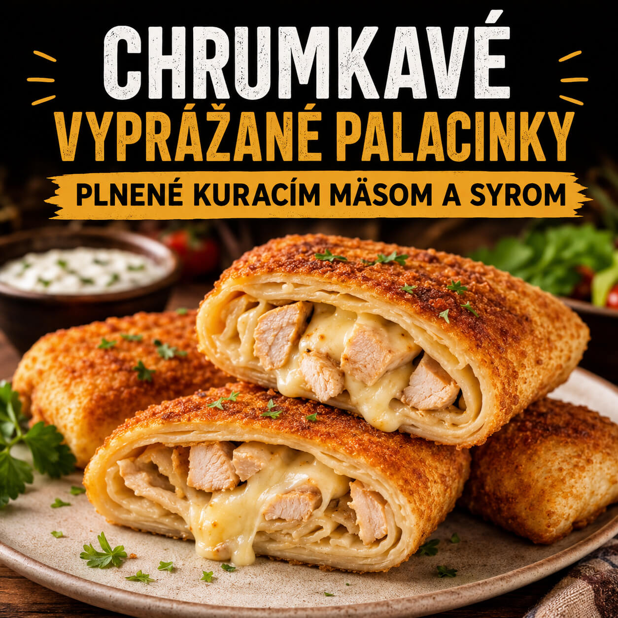 Vyprážané plnené palacinky s kuracím mäsom a syrom