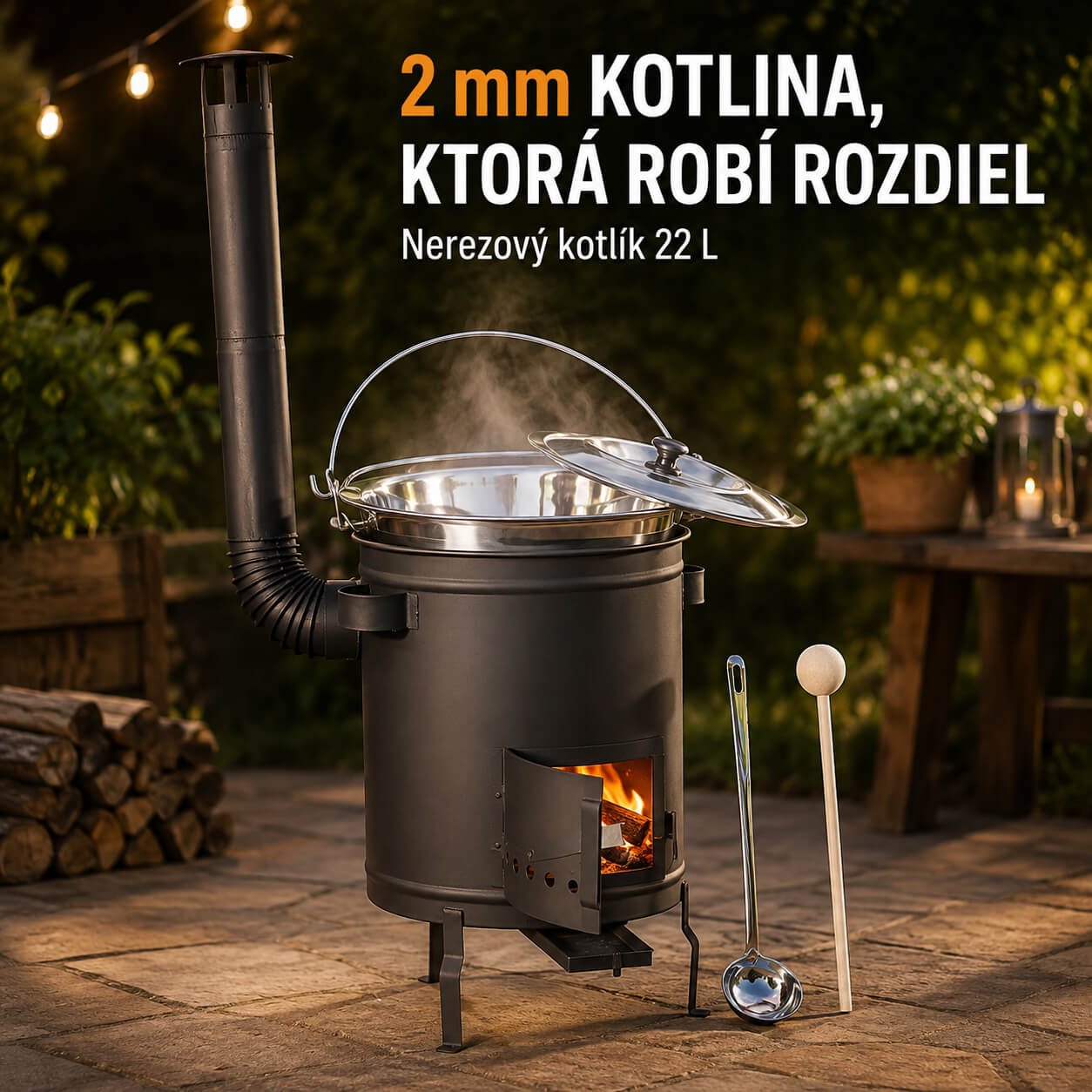 🔥🍲 Nerezový kotlík 22 L s 2 mm hrubostennou kotlinou HODO: robustné ohnisko pre poctivý guláš