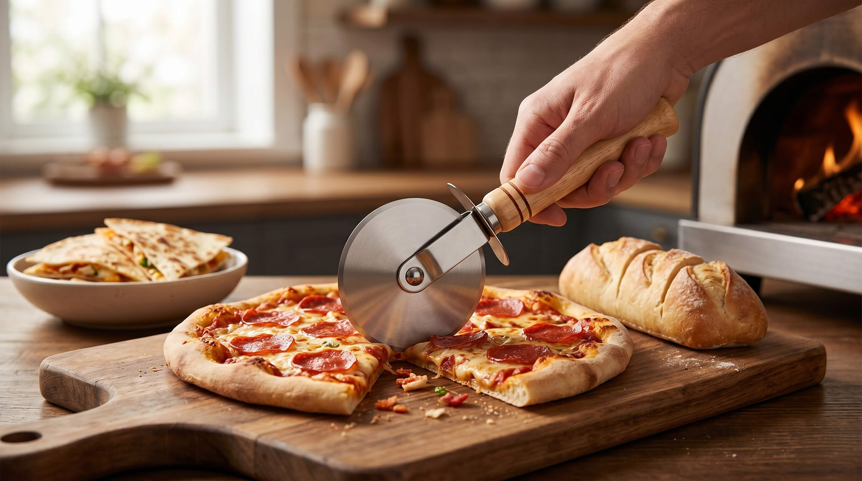 Krájač na pizzu s drevenou rukoväťou