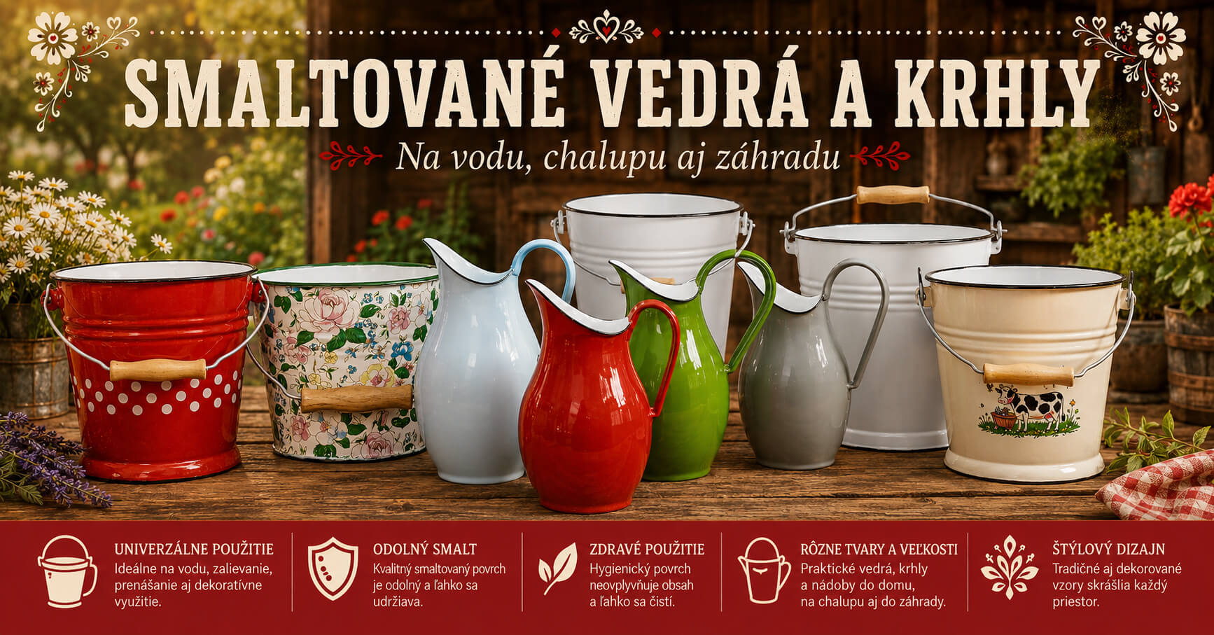 Smaltované vedrá a krhly
