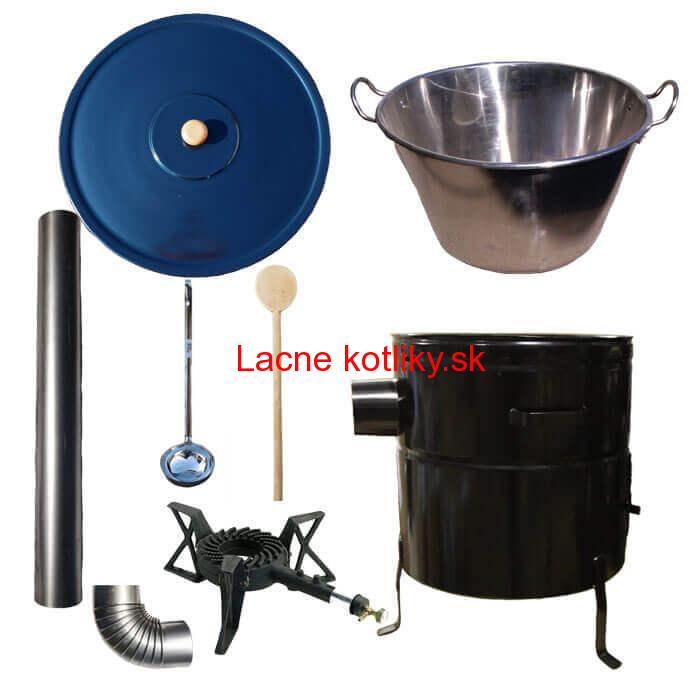 Zabíjačkový nerezový kotol 100 L, kovová kotlina 60 cm, drevená pokrievka, horák 7 kW + dymovod
