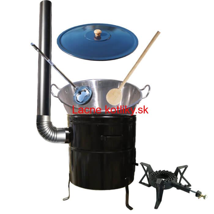 Zabíjačkový nerezový kotol 100 L, kovová kotlina 60 cm, drevená pokrievka, horák 7 kW + dymovod