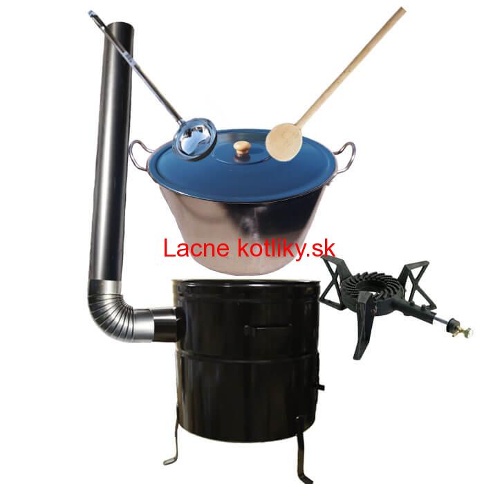 Zabíjačkový nerezový kotol 100 L, kovová kotlina 60 cm, drevená pokrievka, horák 7 kW + dymovod