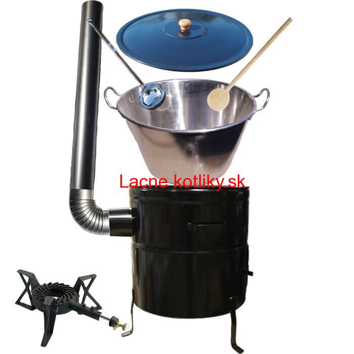 Zabíjačkový nerezový kotol 100 L, kovová kotlina 60 cm, drevená pokrievka, horák 7 kW + dymovod
