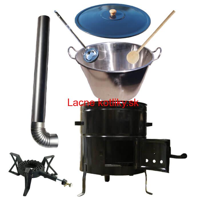 Zabíjačkový nerezový kotol 100 L, kovová kotlina 60 cm, drevená pokrievka, horák 7 kW + dymovod