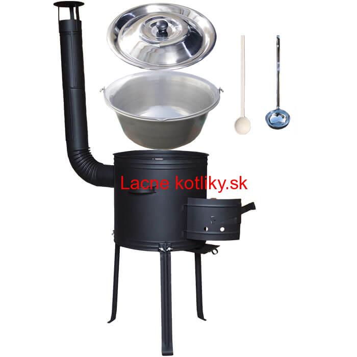 Nerezový kotlík 20 L (1,5 mm) + kovová kotlina s vysokými nožičkami 42 cm, žiaruvzdorná farba Plus 700 + vareška a naberačka