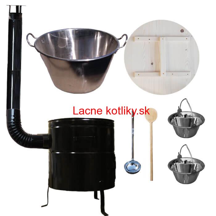 Zabíjačkový nerezový kotol 100 L, kovová kotlina 60 cm, smaltovaná pokrievka + 2 servírovacie antikorové kotlíky