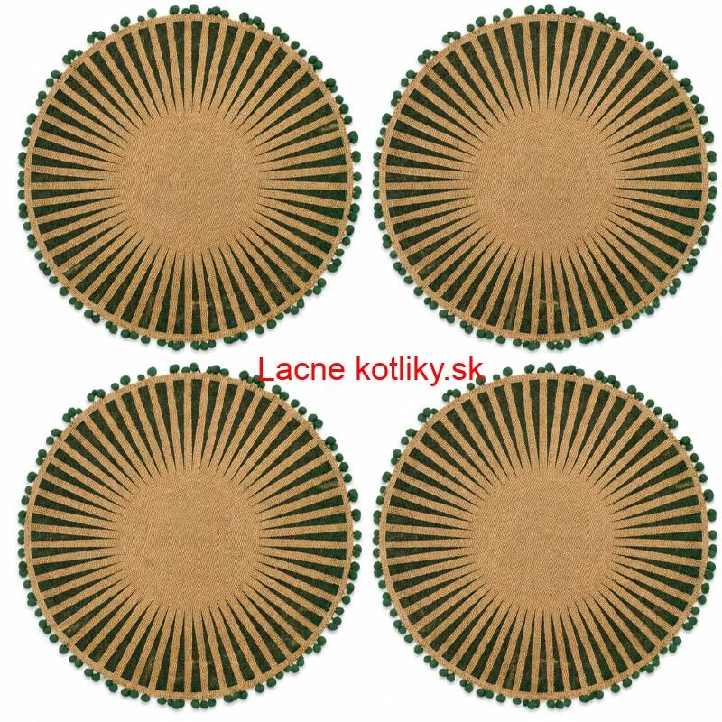 Okrúhle jutové podložky pod tanier zelené s pompónmi 37 cm, 4 ks