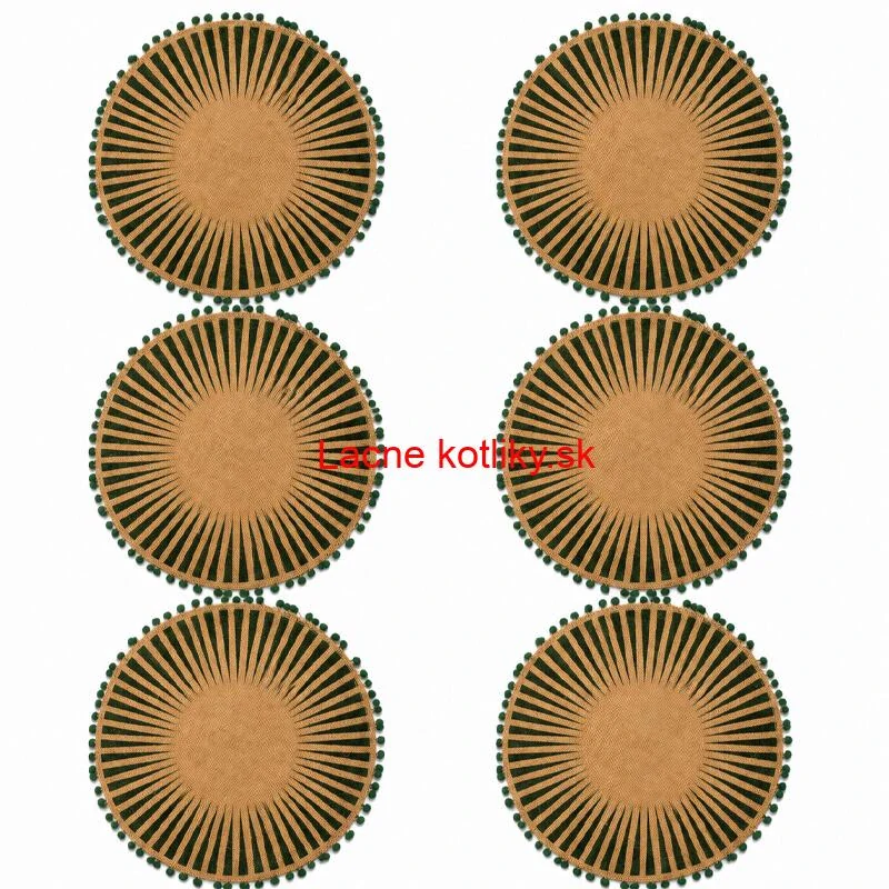 Okrúhle jutové podložky pod tanier zelené s pompónmi 37 cm, 6 ks