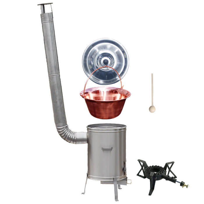 Medený kotlík 20 L (1,2 mm) + nerezová kotlina 42 cm + liatinový horák 7 kW, vareška LUX