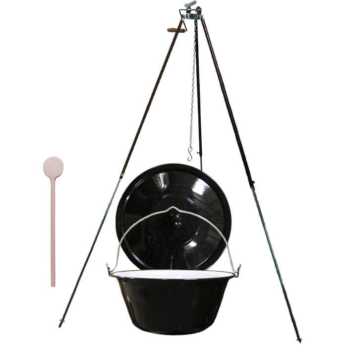 Smaltovaný kotlík 30 L (1,2 mm)+ teleskopická trojnožka s poistnou kladkou + pokrievka