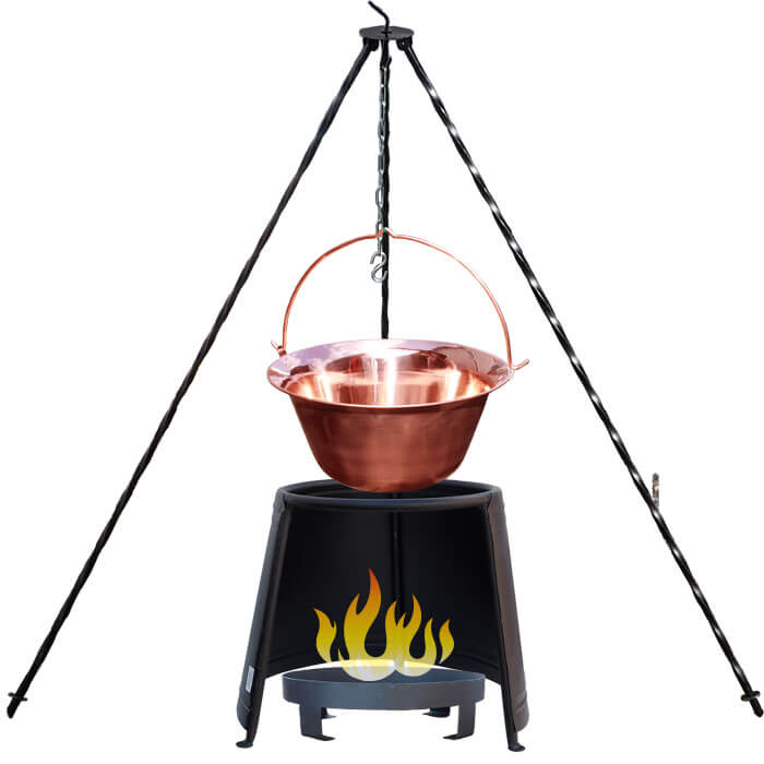 Medený kotlík 10 L (1,2 mm) + chránič plameňa 37 cm + ohnisko 36 cm + trojnožka 1,2 m
