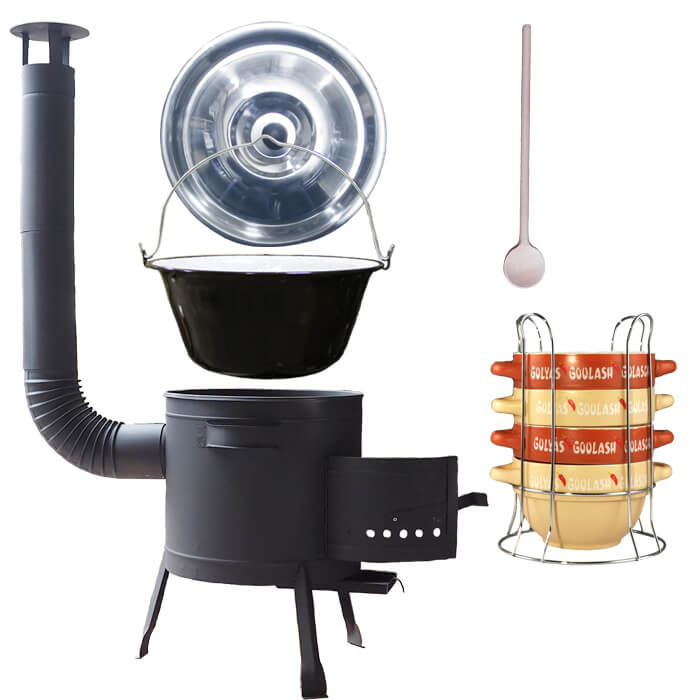 Smaltovaný kotlík 25 L (1,2 mm) + misky na guláš 4 ks + nízka žiaruvzdorná kotlina 42 PLUS 600