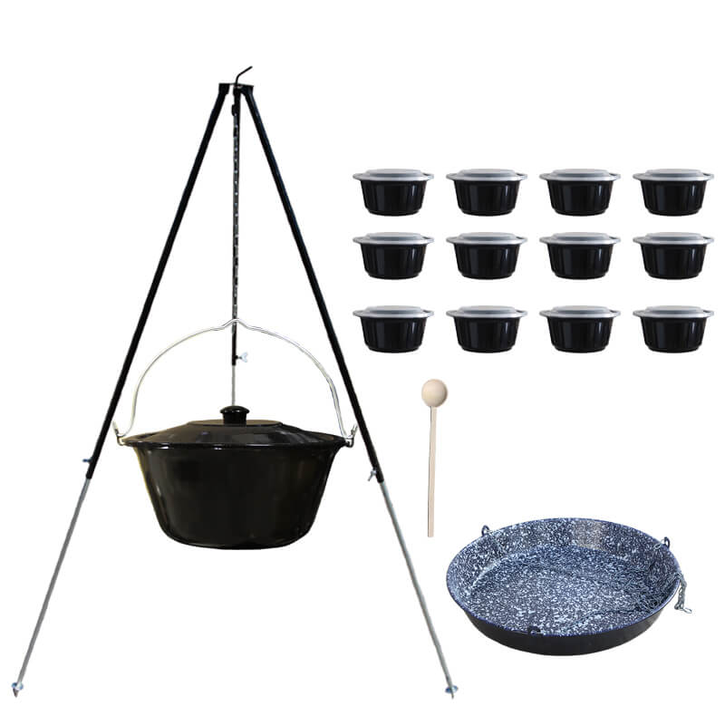 Smaltovaný kotlík 30 L + panvica na grilovanie + teleskopická trojnožka + misky 12 ks