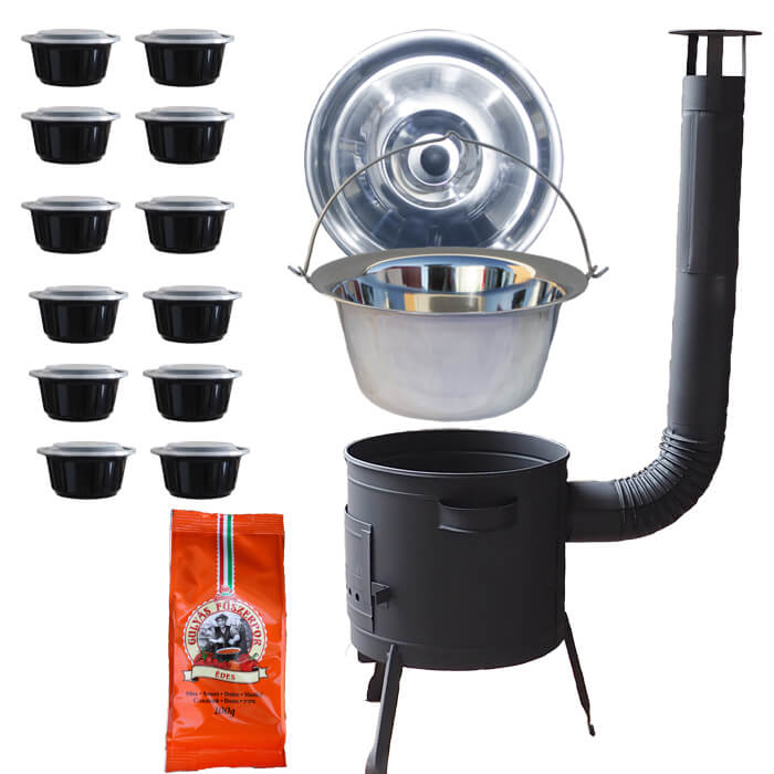 Nerezový kotlík 22 L (0,8 mm) + korenie na guláš 100 g + misky 12 ks + nízka žiaruvzdorná kotlina (0,8 mm) 42 PLUS 600