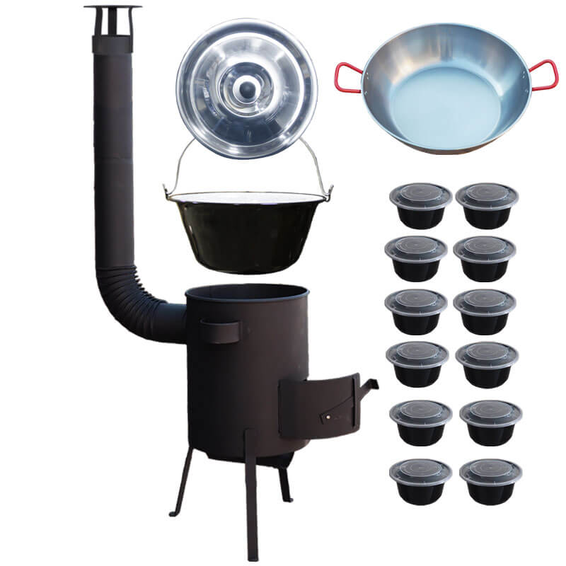 Smaltovaný kotlík 22 L + Panvica PAELLA (WOK) 45 cm + misky 12 ks + žiaruvzdorná kotlina 42 PLUS 600 s roštom na popol 4 mm