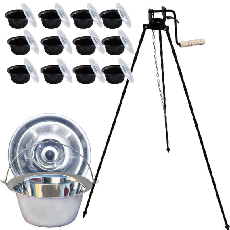 Antikorový kotlík 22 L + stojan s kladkou VAR + misky 12 ks