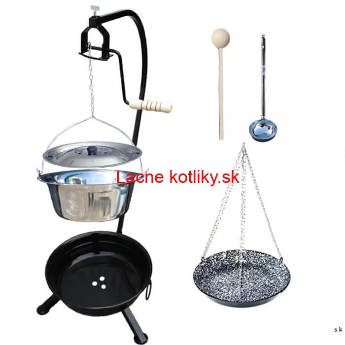 Nerezový kotlík 14 L (0,8 mm) INOX + smaltovaná panvica + ohnisko so stojanom a s poistnou kladkou VAR