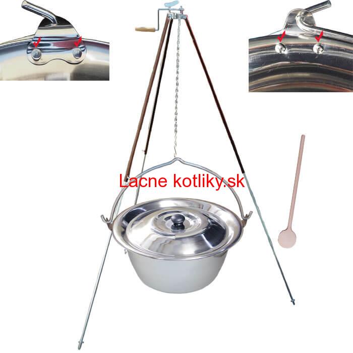 Antikorový kotlík 20 L (0,8 mm) s nitmi + teleskopická trojnožka s poistnou kladkou + pokrievka