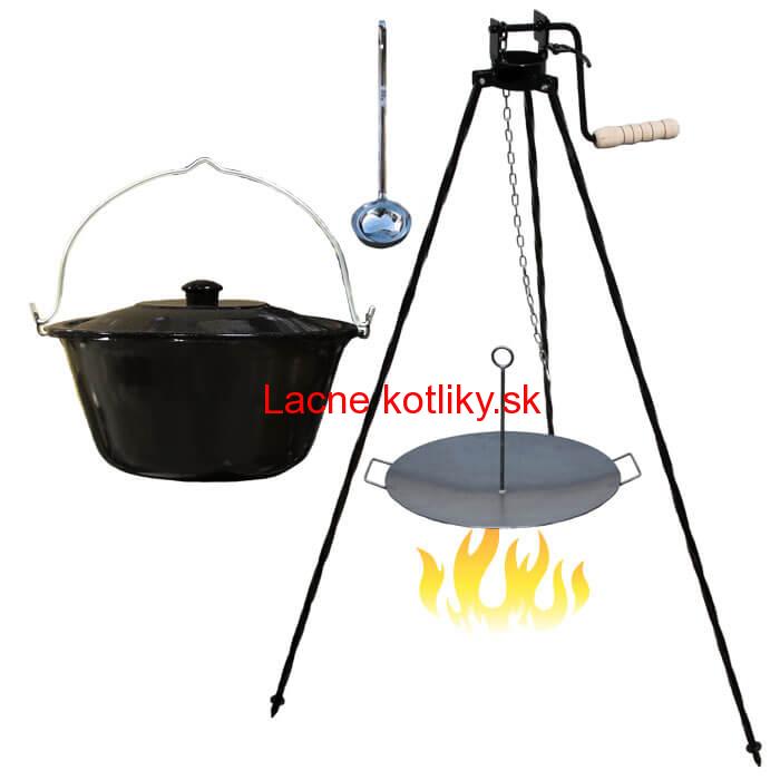 Smaltovaný kotlík 16 L (1,2 mm) + panvica na grilovanie a stojan s kladkou VAR