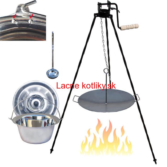 Antikorový kotlík 20 L (0,8 mm) s nitmi + panvica na grilovanie a stojan s kladkou VAR