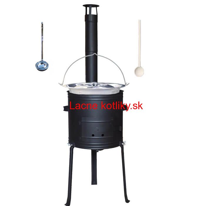 Antikorový kotlík 20 L (1,2 mm) + kovová kotlina s vysokými nožičkami 42 cm, žiaruvzdorná farba Plus 700 + vareška a naberačka