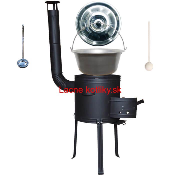 Nerezový kotlík 15 L (1,5 mm) + kovová kotlina s vysokými nožičkami 36 cm, žiaruvzdorná farba Plus 700 + vareška a naberačka