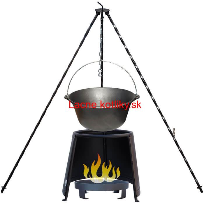 Liatinový kotlík 7,2 L + chránič plameňa 32 cm + ohnisko 36 cm + trojnožka 1,2 m