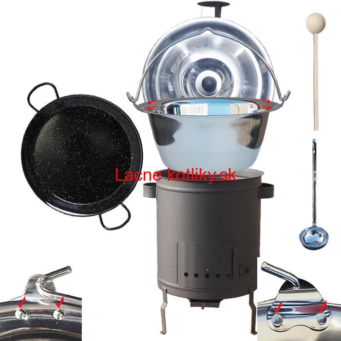 Nerezový kotlík 15 L (0,8 mm) zosilnený s nitmi + Paella panvica 38 cm + hrubostenná (1,5 mm) žiaruvzdorná kotlina 36 PLUS 600