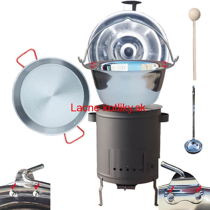 Nerezový kotlík 15 L (0,8 mm) zosilnený s nitmi + Paella panvica 38 cm + hrubostenná (1,5 mm) žiaruvzdorná kotlina 36 PLUS 600