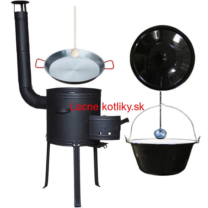 Smaltovaný kotlík 20 L + Paella panvica 46 cm + kovová kotlina s vysokými nožičkami 42 cm, žiaruvzdorná farba Plus 700