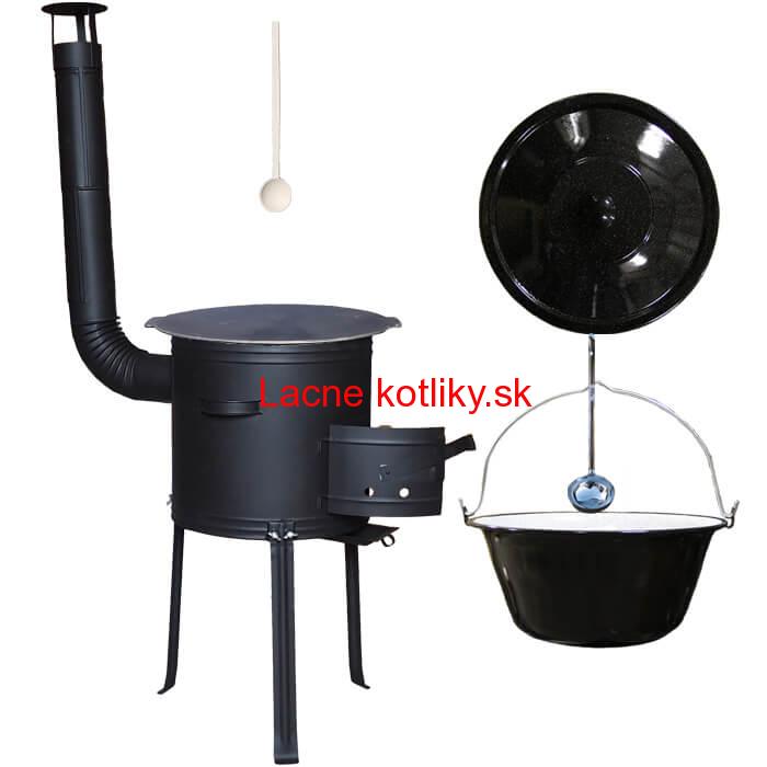 Smaltovaný kotlík 25 L + Liatinová panvica 45 cm + kovová kotlina s vysokými nožičkami 42 cm, žiaruvzdorná farba Plus 700