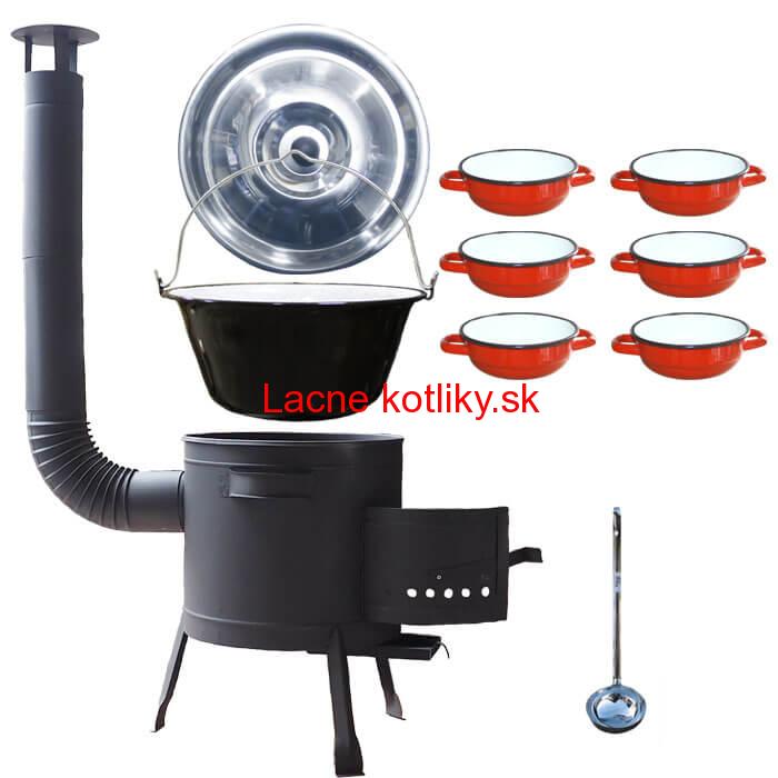 Smaltovaný kotlík 20 L + selské misky 6 ks + nízka žiaruvzdorná kotlina 42 cm PLUS 600
