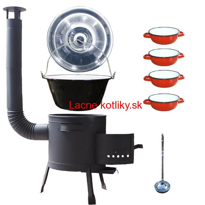 Smaltovaný kotlík 16 L + selské misky 4 ks + nízka žiaruvzdorná kotlina 39 cm PLUS 600