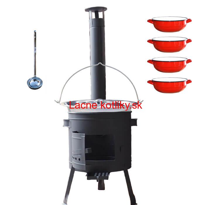 Nerezový kotlík 22 L (0,8 mm) INOX + selské misky 4 ks + nízka žiaruvzdorná kotlina 42 cm PLUS 600