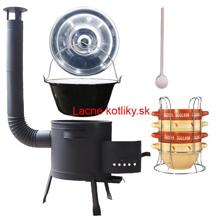 Smaltovaný kotlík 25 L (1,2 mm) + misky na guláš 4 ks + nízka žiaruvzdorná kotlina 42 PLUS 600