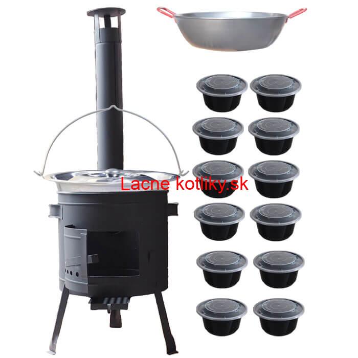 Nerezový kotlík 22 L (0,8 mm) INOX + Panvica PAELLA (WOK) 45 cm + misky 12 ks + nízka kotlina 42 PLUS 600
