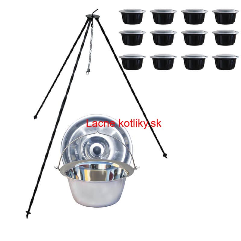 Nerezový kotlík 10 L + antikorová pokrievka + stojan + misky 12 ks