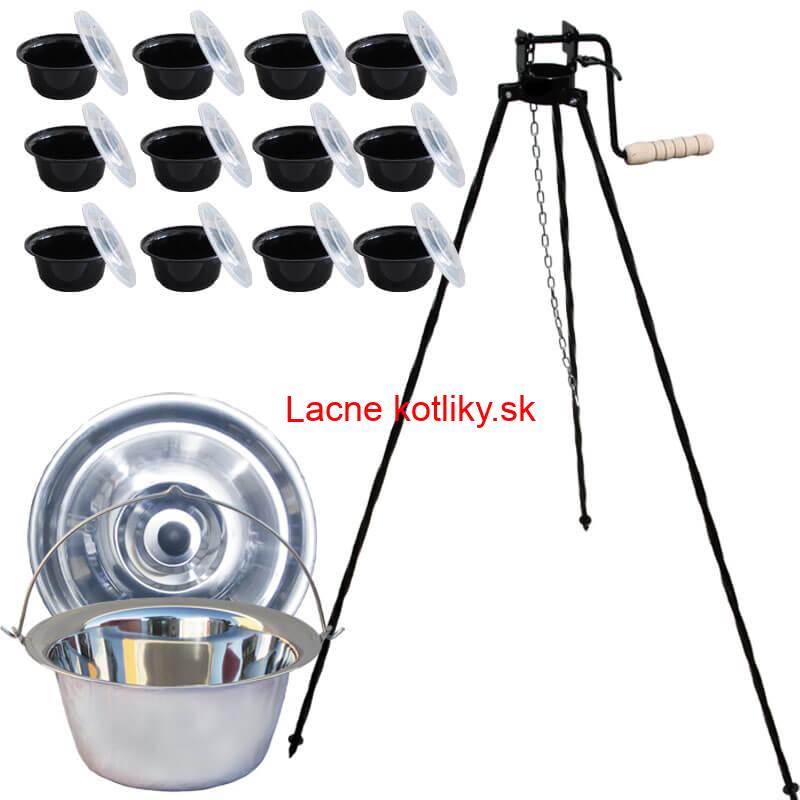 Nerezový kotlík 14 L (0,8 mm) INOX+ stojan s kladkou VAR + misky 12 ks