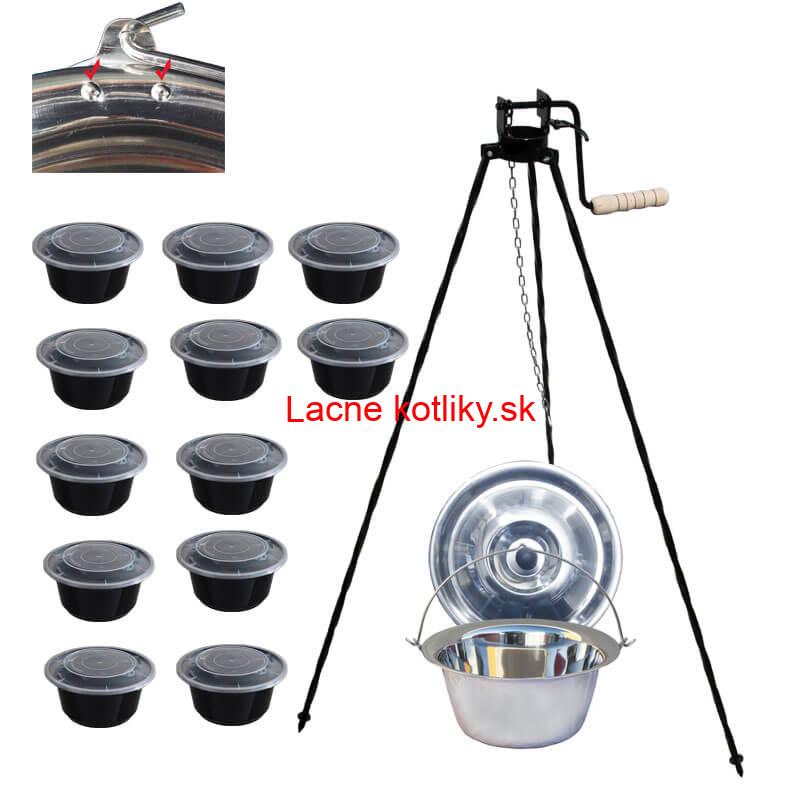 Antikorový kotlík 15 L (0,8 mm) s nitmi + stojan s kladkou VAR + misky 12 ks