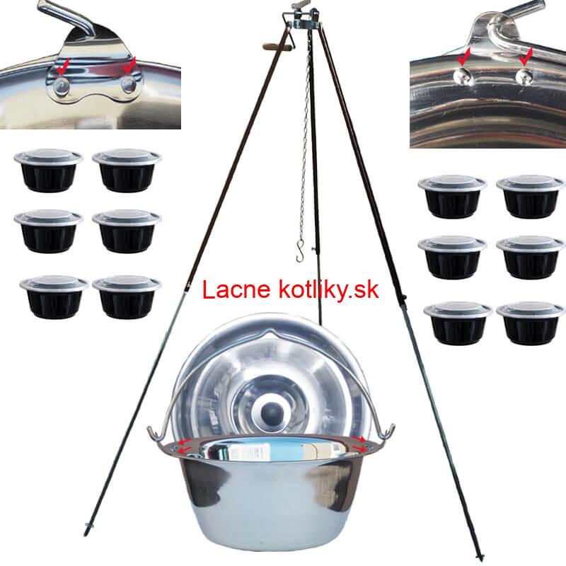 Antikorový kotlík 30 L (0,8 mm) s nitmi + teleskopická trojnožka s poistnou kladkou + misky 12 ks