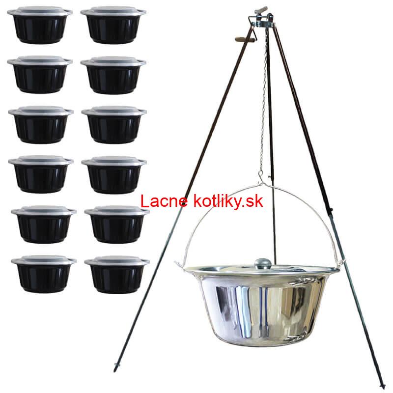 Antikorový kotlík 30 L (1,2 mm) + teleskopická trojnožka s poistnou kladkou + misky 12 ks
