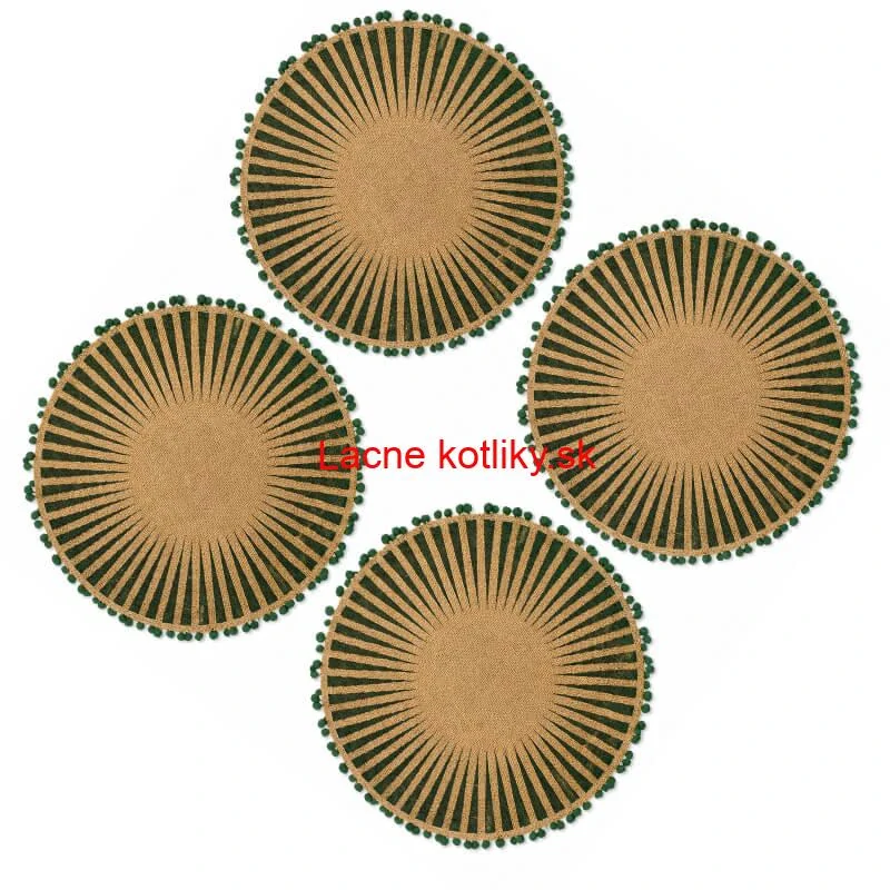 Okrúhle jutové podložky pod tanier zelené s pompónmi 37 cm, 4 ks