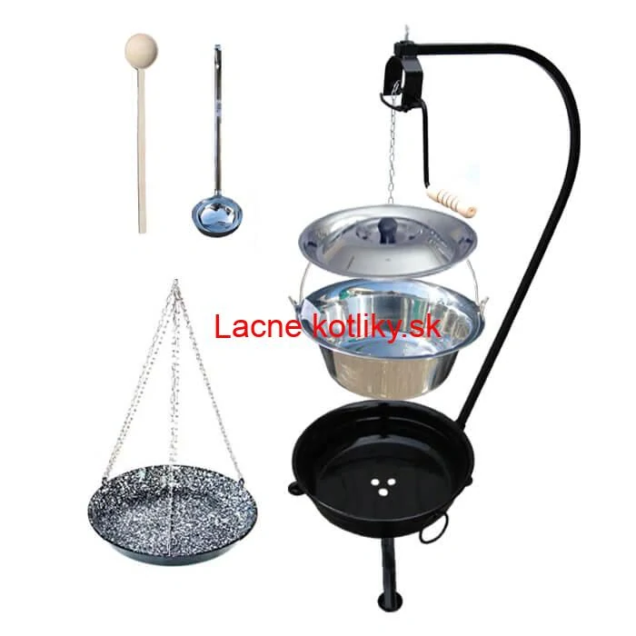 Nerezový kotlík 10 L (0,8 mm) INOX + smaltovaná panvica + ohnisko so stojanom a s poistnou kladkou VAR