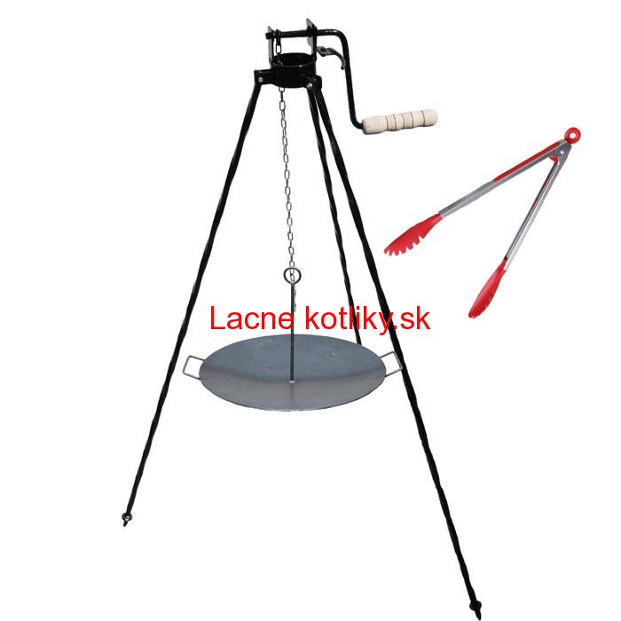 Železná panvica 49 cm s uškami a so závesným držiakom + trojnožka s poistnou kladkou a obracačka na mäso PARTY 2