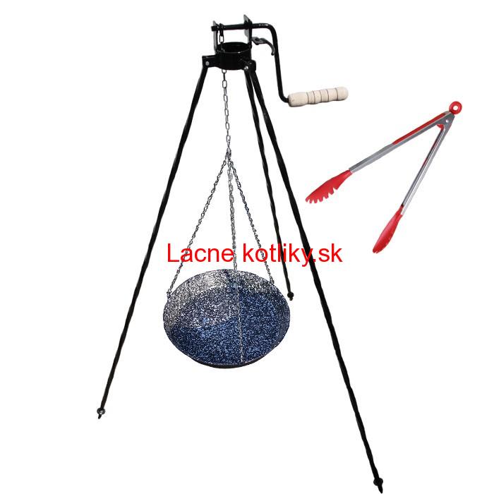 Smaltovaná panvica s retiazkou 42 cm + trojnožka s poistnou kladkou a obracačka na mäso GRILL PARTY 1