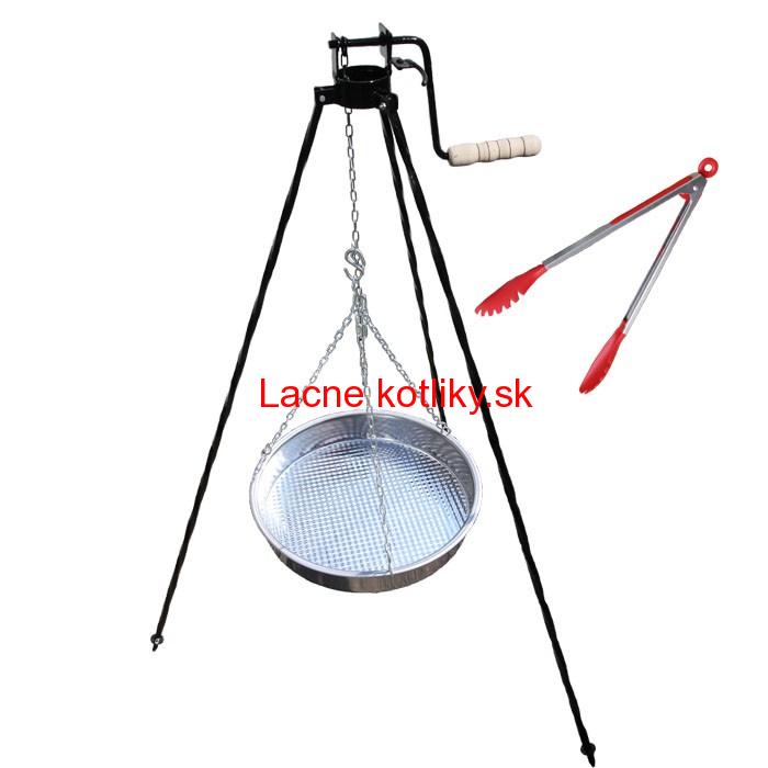 Nerezová panvica s retiazkou 42 cm + trojnožka s poistnou kladkou a obracačka na mäso GRILL PARTY 2