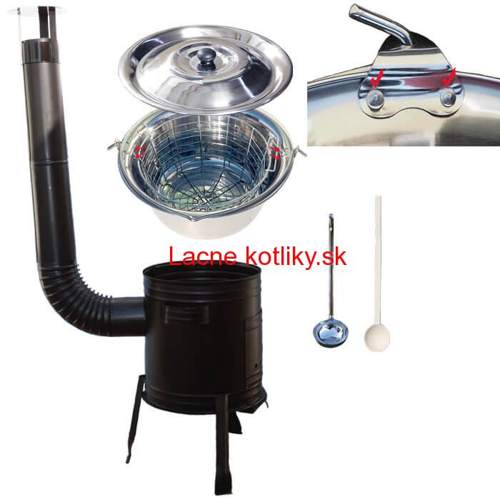 Nerezový kotlík 15 L (0,8 mm zosilnený s nitmi) + kovová kotlina 36 cm + vareška + naberačka