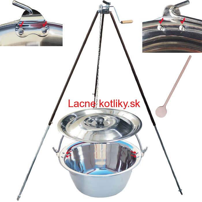 Antikorový kotlík 15 L (0,8 mm) s nitmi + teleskopická trojnožka s poistnou kladkou + pokrievka